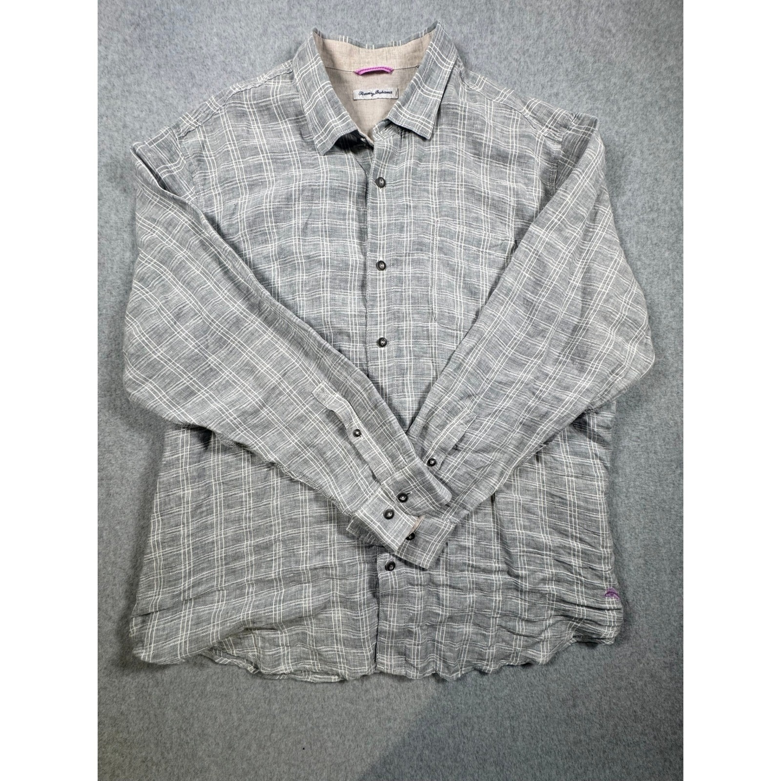 Tommy Bahama Mens 2xlb Linen Windowpane Plaid Long Sleeve Button Down Shirt Grey